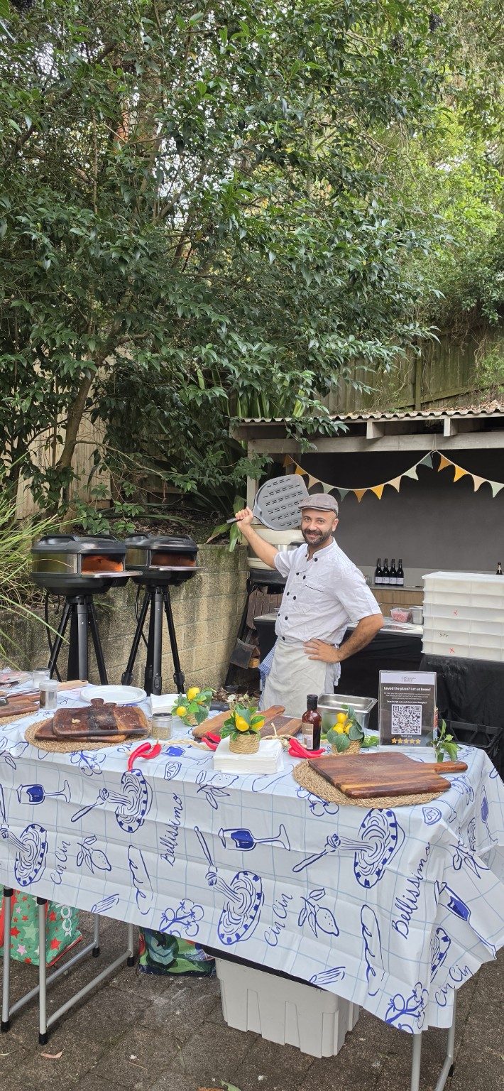 Stefano, head pizzaiolo at Azzurri, cooking authentic Neapolitan pizza live at a République, Sydney backyard event Stefano, head pizzaiolo at Azzurri, cooking authentic Neapolitan pizza live at a République, Sydney backyard event
